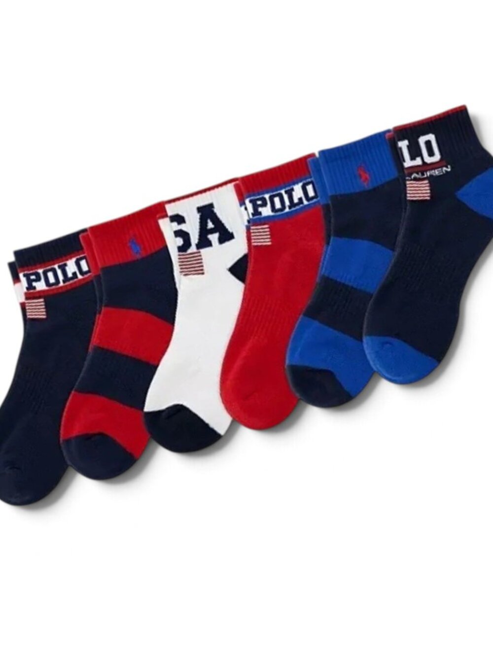 NWT Polo Ralph Lauren Performance USA Stadium Quarter Socks 6-Pack Size 10-13